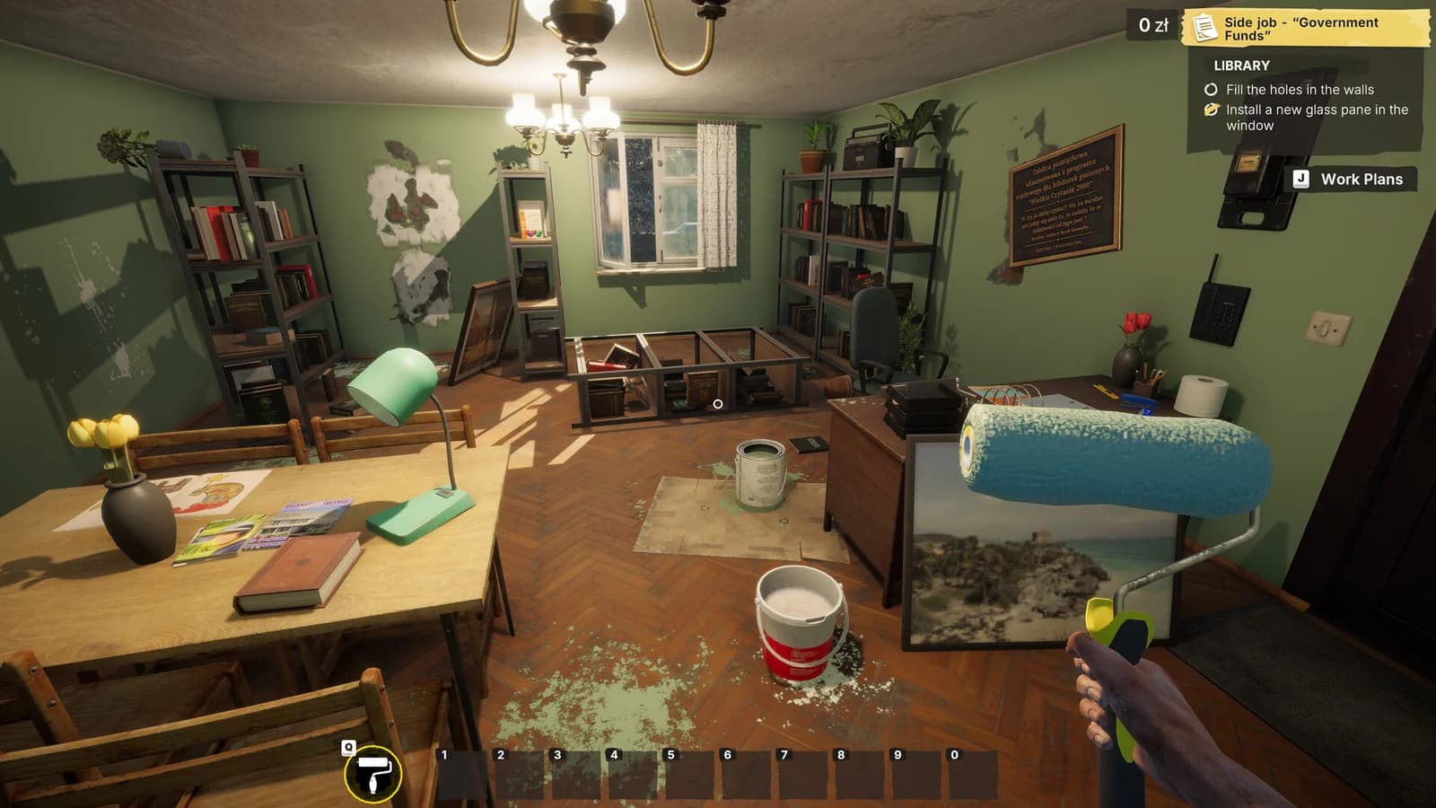 First-person repair scene in a worn green office with a paint roller, patchwork, and job objectives visible.